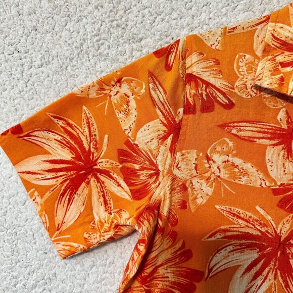 Oleg Cassini Hawaiian Shirt Womens S Orange Floral Linen Blend Statement Buttons - Picture 8 of 9